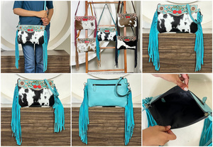 Women's Handcrafted Genuine Cowhide <b>Leather</b> Cherry Motif Fringe Bag Western Style Large Capacity Shoulder Crossbody Travel Bag - Product Image 3