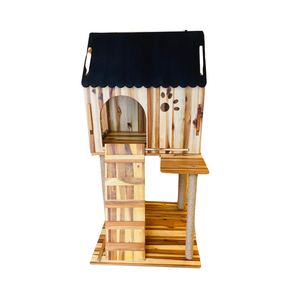 Maison pour animaux de compagnie en bois de pin avec toit noir et griffoirs, mobilier d'intérieur pour animaux de compagnie fabriqué au Vietnam - Product Image 1