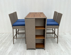 BS00066 5-Piece Acacia Wood Modern Stylish Weather Resistant <b>Rattan</b>/Tek Top Outdoor Dining Set Rectangular Bar <b>Table</b> Courtyard - Product Image 3