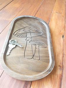 Plateau de rangement ovale portable en noyer, gravé motif champignon, style rustique, pour cuisine et bureau, plateau de service en bois - Product Image 2