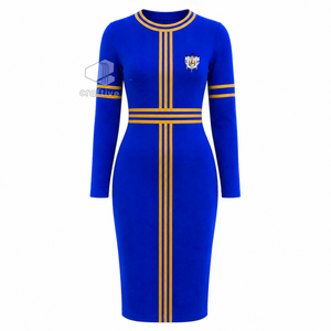 เดรสยาวสีน้ำเงินแขนยาวทรงเข้ารูปสำหรับผู้หญิง Sigma Gamma Rho แต่งแถบสีทอง คอเสื้อแบบคอกลม ไซส์พลัส ทรงเข้ารูป สไตล์ลำลอง - Product Image 1