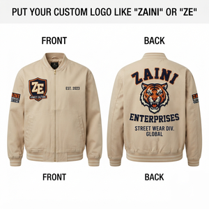 Blouson Bomber Homme en Twill de Coton Premium 300 GSM Beige avec Logo Brodé Personnalisé Style Varsity Streetwear Zippé - Product Image 1
