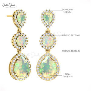 Three Stone Halo Drop <b>Earrings</b> 6.14 CT Pear Cut Ethiopian Opal Cocktail <b>Earrings</b> 14k Pure Gold Hallmarked <b>Earrings</b> Wholesale Lot - Product Image 5