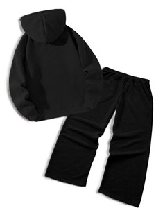 Unisex <b>Black</b> Hooded <b>Tracksuit</b> Full Sleeve Solid Color Casual Wear With Drawstring Pants And Side Pockets Autumn Style - Product Image 2