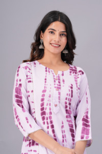 Women Purple Tie Dye Printed <b>Kurti</b> with , 3/4 Sleeves Casual Ethnic Wear Straight Kurta for Daily Wear . - Product Image 6