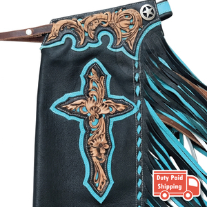 Chaps de Rodeo en Cuir Western pour Homme avec Franges Turquoise et Noires, Motif Croix Gravé à la Main et Broderie Personnalisée, pour l'Équitation Cowboy - Product Image 3