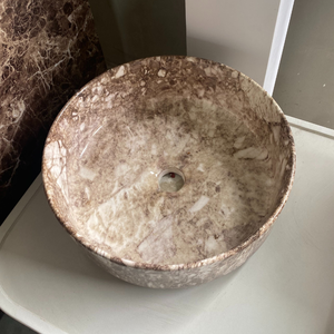 Round Travertine Vessel <b>Sink</b> Painted Finish Eco-Friendly Water Resistant Minimalist Design Counter Installation Bathroom Basin - Product Image 3
