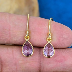 Natural Purple Amethyst Pear Shape Gemstone Teardrop Earring Handmade 18k Micron Gold Over 925 <b>Sterling</b> <b>Silver</b> Finish - Product Image 2