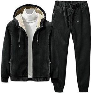 Men's Black Hooded Heavyweight Tracksuit Set Full Sleeve <b>Zipper</b> <b>Jacket</b> Pants Solid Color Casual Wear Breathable Cotton Material - Product Image 1