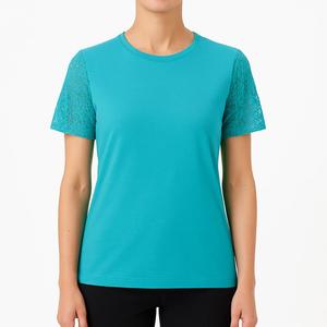 2026 New Women's Crew Neck T-Shirt Sexy Lace Trim Slim Short Sleeve <b>Top</b> Breathable Plain Dyed Anti-Pilling Contrast Logo T-Shirt - Product Image 1
