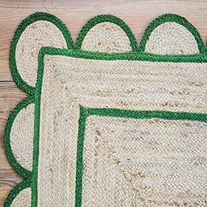 Scalloped Natural Jute <b>Rug</b> with Dark Green Border Handmade Jute <b>Rug</b> Jute Area <b>Rug</b> Custom Size <b>Rug</b> Decorative <b>Rug</b> <b>Boho</b> Decor <b>Rug</b> - Product Image 3