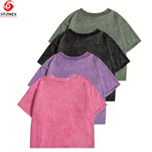 Women Vintage Summer Eco-Friendly Breathable <b>Distressed</b> O-Neck Crop <b>Top</b> Tee Quick Dry Acid Washed Customizable Logo - Product Image 3