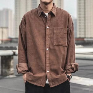 Men's Oversized Corduroy Casual Shirt Solid Color Long Sleeve Turn-<b>down</b> Collar 100% Cotton Washed Anti-Wrinkle Autumn Style - Product Image 5
