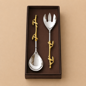 ชุดอุปกรณ์เสิร์ฟสลัดลายใบไม้สีทอง ทำจากโลหะ - Product Image 1