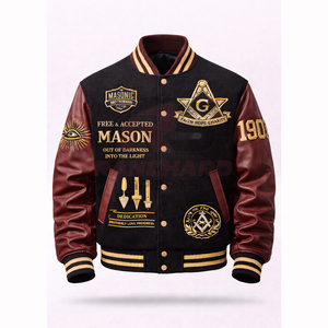 Veste universitaire personnalisée d'inspiration maçonnique – Corps en laine de qualité supérieure avec manches en cuir PU et symboles brodés - Product Image 1