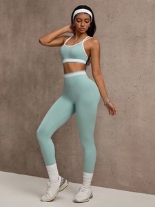 Seamless 2 Piece Gym Outfits Women Contrast Trim Criss <b>Cross</b> Sports Bra and High Waisted Tummy Control Workout Leggings Set - Product Image 4