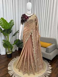 Sari en tulle brodé lourd beige champagne traditionnel avec chemisier de créateur, séchage rapide, idéal pour l'hiver/toutes occasions, pour mariage, Diwali, soirée - Product Image 2