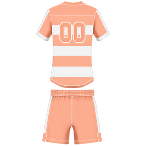 Conjunto de Uniforme de Rugby Blanco Melocotón de Manga Corta, Jersey de Rugby a Rayas con Cuello Redondo, Pantalones Cortos con Cordón, Ropa Deportiva para Entrenamiento y Equipo - Product Image 2