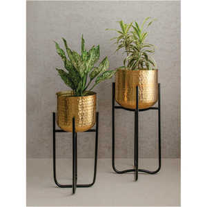 Maceta de Metal Dorado Martillado de Lujo al por Mayor con Soporte Negro, Juego de Macetas Decorativas para Interiores para el Hogar - Product Image 1