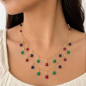 Collar Personalizado Chapado en Rodio con Cuentas de Piedras Preciosas Multicolores, Cadena de Perlas de Dos Niveles con Flecos, Joyería de Lujo para Novia - Product Image 1