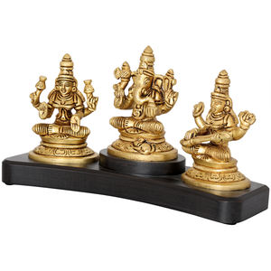 Escultura artesanal de 4 pulgadas de latón Lakshmi Ganesha Saraswati Idol para salpicadero de coche hecha en India - Product Image 2