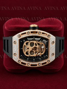 Reloj de Lujo con Esfera de Moissanita para Hombre, Totalmente Cubierto de Diamantes, Oro Rosa, Mecánico Automático, Correa de Goma Negra, Caja Tonneau - Product Image 6