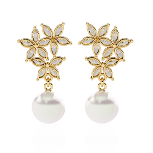 2.39ct <b>Diamond</b> Floral <b>Pearl</b> Cascade <b>Earrings</b> 14K Gold for Certified-HI Color VS-SI Clarity - Product Image 5