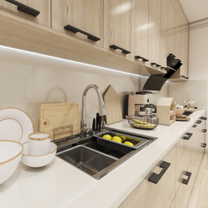 Ensemble de meubles de cuisine complets en bois de chêne avec structure en contreplaqué de style européen moderne, personnalisé par JY Project Vietnam, avec plan de travail en quartz/granit - Product Image 6