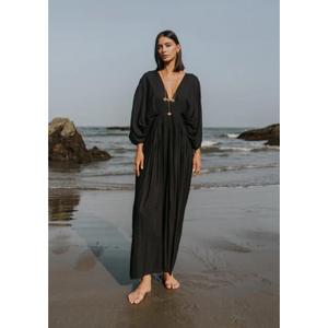 Vestido Largo Kaftán Holgado con Cuello en V Profundo Negro para Mujer, Elegante Vestido Largo para Vacaciones en la Playa o Resort - Product Image 1