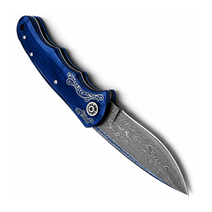 Cuchillo de bolsillo de acero de Damasco con punta de gota, mango de aluminio azul, pomo de pulgar, grado industrial, hoja recta de 0.6mm de espesor - Product Image 4