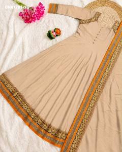 Good Quality Vichitra Silk with Embroidered Border & Full-Flared Readymade <b>Ankle</b>-Length Anarkali Kurti-Dupatta Indian Supplier - Product Image 3