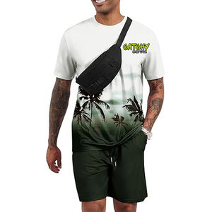 ชุดเสื้อยืดและกางเกงขาสั้นผ้าถักพิมพ์ลายสำหรับผู้ชาย ชุดกีฬาลำลองระบายอากาศได้ดี ชุดสองชิ้น - Product Image 5