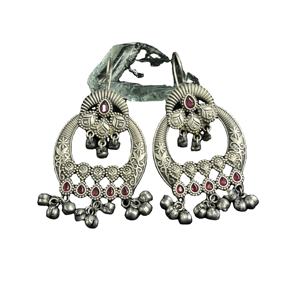 Oxidized Brass Antique Silver Plant Design Ethnic Bezel Setting Hoop Earrings <b>Gift</b> for Women - Product Image 1
