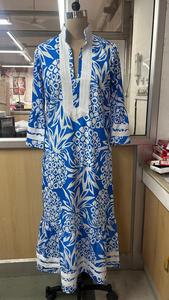 Blue Pineapple Print Peplum <b>Dress</b> Asymmetrical V Neck Long Sleeve Woven Casual <b>Dress</b> for Daily Vacation - Product Image 5