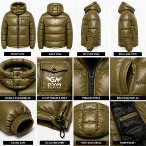 Gym Active Unisex Hooded Puffer <b>Jacket</b> Olive <b>Green</b> PU <b>Waterproof</b> Windproof Winter Casual Quilted Cotton Filled Zipper Front Logo - Product Image 6
