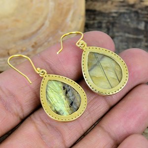 Natural Labradorite With CZ Pear Shape Gemstone Handmade <b>Hook</b> <b>Earrings</b> 18k Gold Micron Over 925 Sterling Silver - Product Image 3
