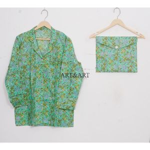 Ensemble de pyjama en coton imprimé à la main indien, élégant, motif floral vintage, tenue de détente d'été, pour demande en mariage de demoiselle d'honneur, 3 pièces - Product Image 2