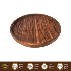 Best Quality Acacia Wood <b>Tray</b> | Home, Hotel, Restaurant Use <b>Round</b> Shape Wooden <b>Serving</b> <b>Tray</b> with Handles at Factory Price - Product Image 5