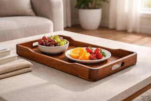 Bandeja de Servir Ovalada de Madera de Teca con Asas - Bandeja Portátil para Desayuno, para Uso en Cocina y Escritorio - Product Image 1