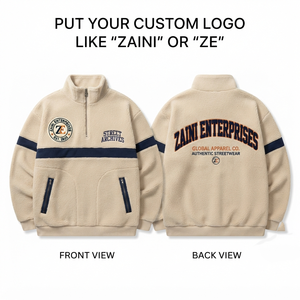 Premium 240GSM Sherpa Fleece Zipper Closure Long Thin <b>Jacket</b> Beige Navy Panel Custom Embroidery Waterproof Breathable Streetwear - Product Image 1
