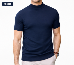 Custom Men's Knitted Turtleneck Short Sleeve Solid Color Casual Top Slim Fit - Product Image 2