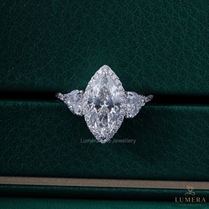 3.96CT Marquise Cut Lab Grown Diamond Halo Engagement Ring 14K 18K White Gold Heart Side Stone Multi <b>Row</b> Pave Band Bridal Ring - Product Image 2