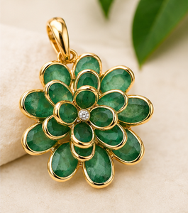 Natural Emerald Floral Bloom <b>Pendant</b> in <b>Solid</b> 18K Yellow <b>Gold</b> – Bezel Set Triple-Tier Pear Gemstone Flower Medallion - Product Image 1