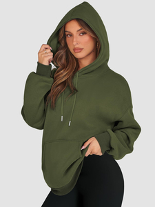 Sudadera con Capucha Extra Grande para Mujer, Color Verde Oliva Sólido, 100% Algodón Felpa, Manga Larga, Largo Regular, Ropa Urbana de Otoño - Product Image 2