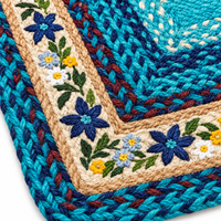 Tapis rectangulaire personnalisable 100 % jute écologique 3x5 pieds bleu turquoise, tissage plat à carreaux, bordure florale