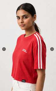 Oneten Apparels Women Red Short Sleeve T Shirt Crew Neck Sporty <b>Top</b> With <b>White</b> Side Stripes - Product Image 4