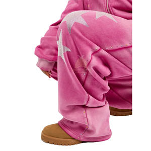 Pantalon de survêtement délavé à l'acide personnalisé en molleton de coton épais pour femme, coupe oversize vintage, style baggy avec strass - Product Image 4