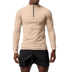 Men's Long Sleeve Stand Collar Quarter <b>Zip</b> Solid Color Quick Dry Slim Fit Sporty Casual <b>Shirt</b> Beige Full Sleeve Knitted - Product Image 1