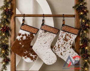 Wholesale Handmade Genuine Leather Cowhide <b>Christmas</b> <b>Stocking</b> Tooled Floral Top Western Ranch Farmhouse Holiday Decoration - Product Image 1