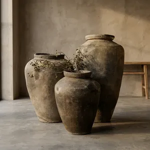 Collection de pots rustiques en terre cuite, grands récipients en argile, pots décoratifs vintage pour la décoration de maison de style farmhouse - Product Image 1